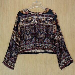 Womens Boho Indie Hippie Paisley Velvet Crop Top Size XL Colorful Bell Sleeve